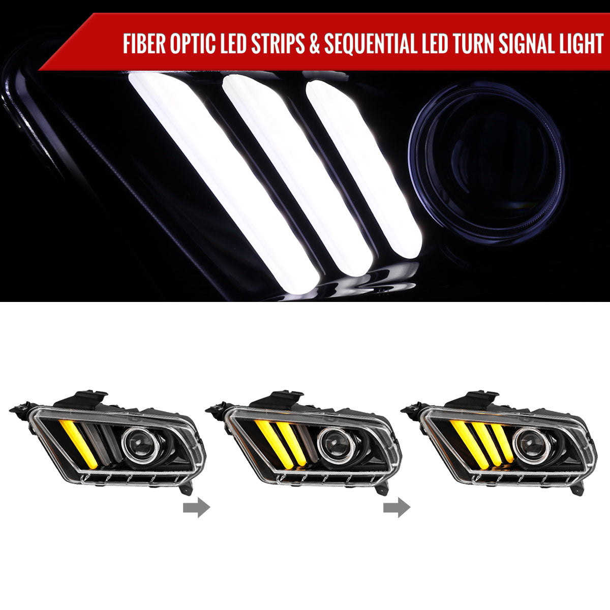 2010-2014 Ford Mustang LED Bar Projector Headlights w/ Sequential Turn Signals (Jet Black Housing/Clear Lens)
