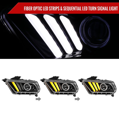 2010-2014 Ford Mustang LED Bar Projector Headlights w/ Sequential Turn Signals (Jet Black Housing/Clear Lens)