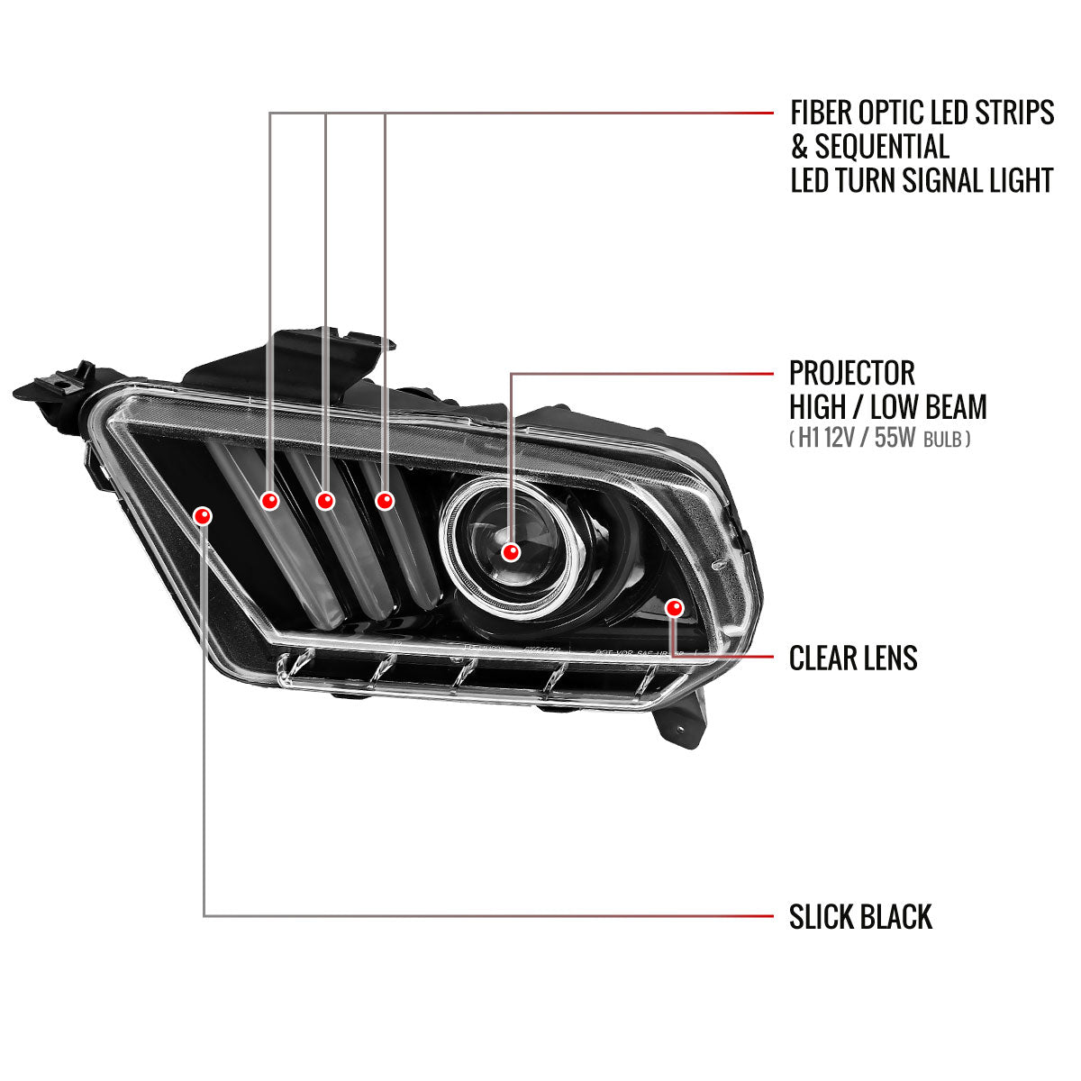 2010-2014 Ford Mustang LED Bar Projector Headlights w/ Sequential Turn Signals (Jet Black Housing/Clear Lens)
