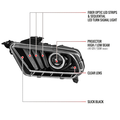 2010-2014 Ford Mustang LED Bar Projector Headlights w/ Sequential Turn Signals (Jet Black Housing/Clear Lens)