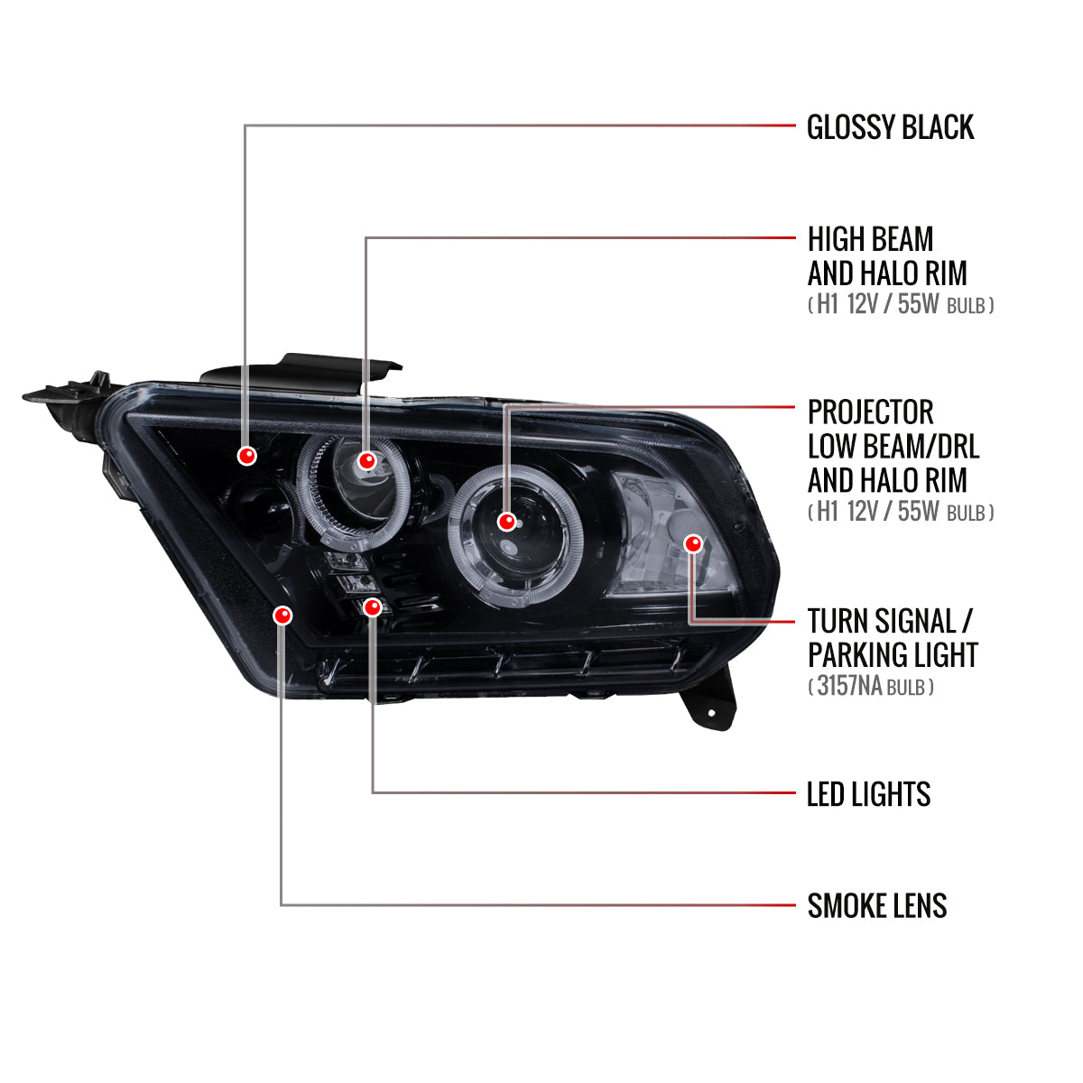 2010-2014 Ford Mustang Dual Halo Projector Headlights (Glossy Black Housing/Smoked Lens)