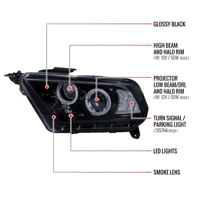 2010-2014 Ford Mustang Dual Halo Projector Headlights (Glossy Black Housing/Smoked Lens)