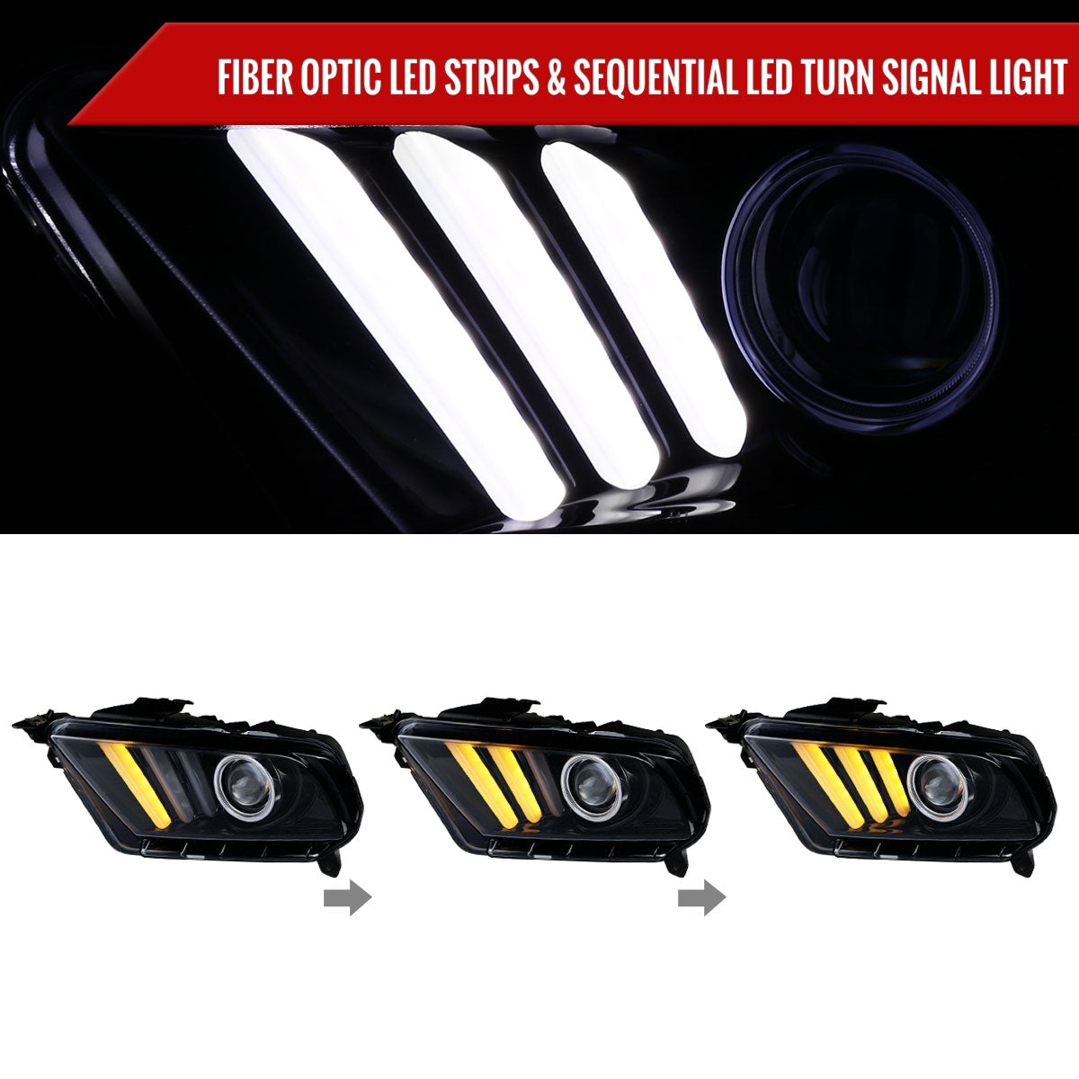 2010-2014 Ford Mustang LED Bar Projector Headlights w/ Sequential Turn Signals (Glossy Black Housing/Smoked Lens)