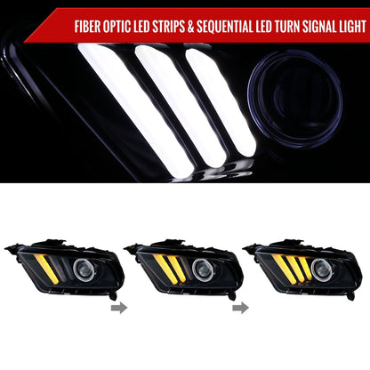 2010-2014 Ford Mustang LED Bar Projector Headlights w/ Sequential Turn Signals (Glossy Black Housing/Smoked Lens)