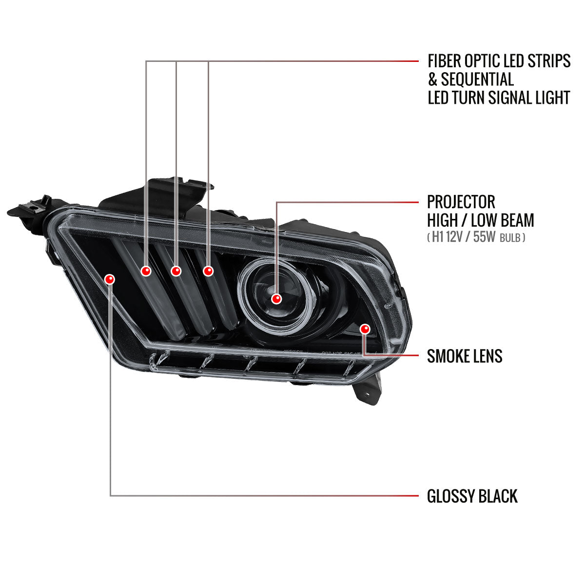 2010-2014 Ford Mustang LED Bar Projector Headlights w/ Sequential Turn Signals (Glossy Black Housing/Smoked Lens)