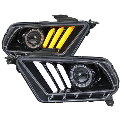 2010-2014 Ford Mustang LED Bar Projector Headlights w/ Sequential Turn Signals (Glossy Black Housing/Smoked Lens)