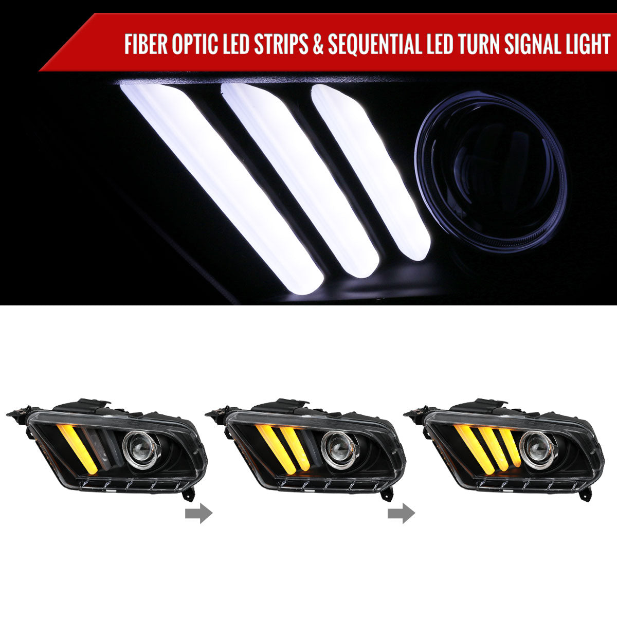 2010-2014 Ford Mustang Sequential LED Bar Projector Headlights w/ Sequential Turn Signal Lights (Matte Black Housing/Clear Lens)