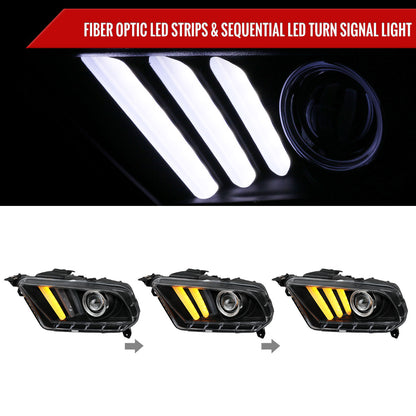 2010-2014 Ford Mustang Sequential LED Bar Projector Headlights w/ Sequential Turn Signal Lights (Matte Black Housing/Clear Lens)