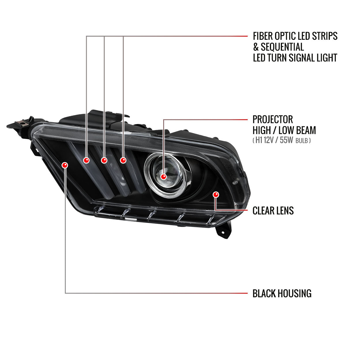 2010-2014 Ford Mustang Sequential LED Bar Projector Headlights w/ Sequential Turn Signal Lights (Matte Black Housing/Clear Lens)