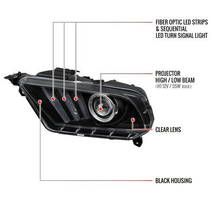 2010-2014 Ford Mustang Sequential LED Bar Projector Headlights w/ Sequential Turn Signal Lights (Matte Black Housing/Clear Lens)