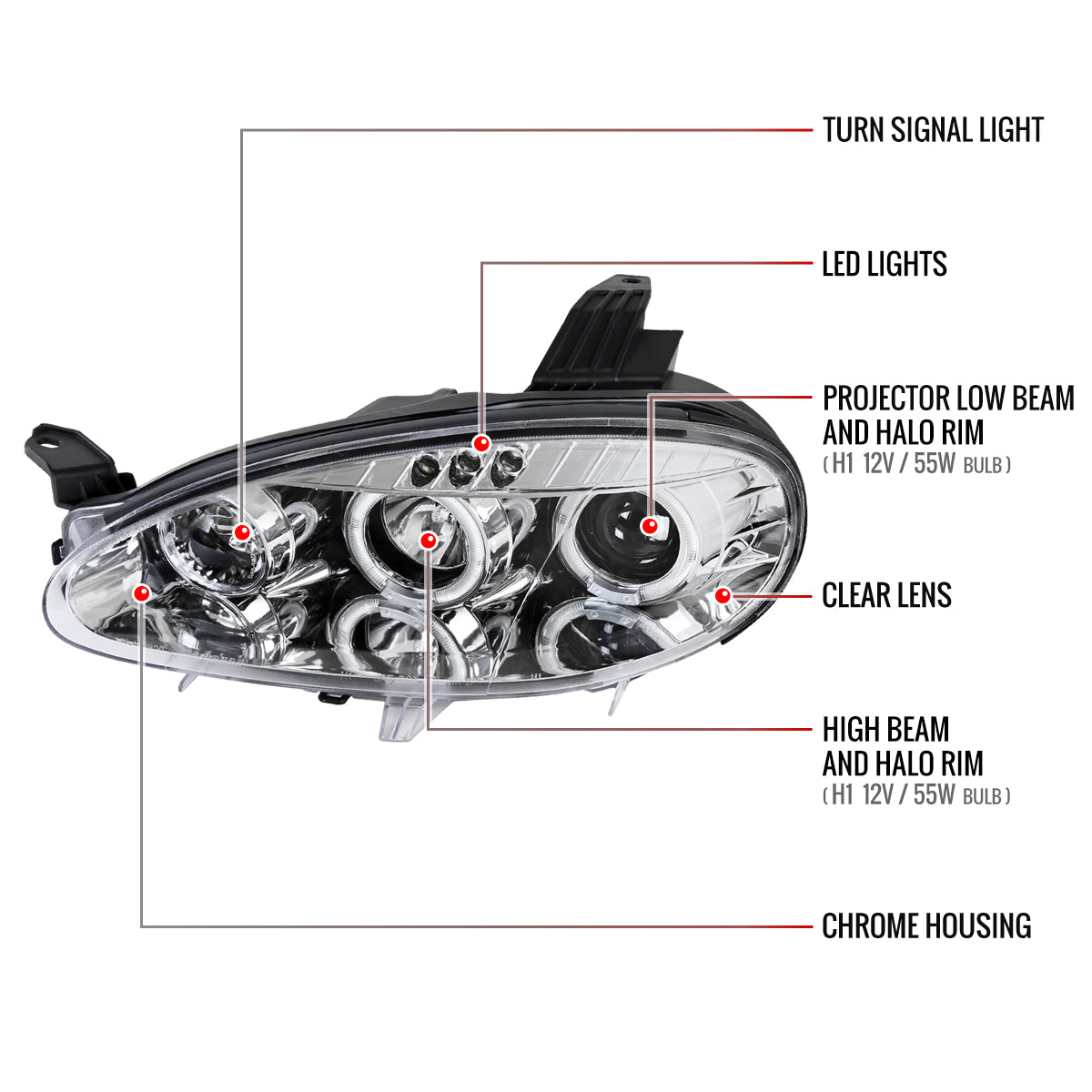 2001-2005 Mazda Miata MX-5 Dual Halo Projector Headlights (Chrome Housing/Clear Lens)