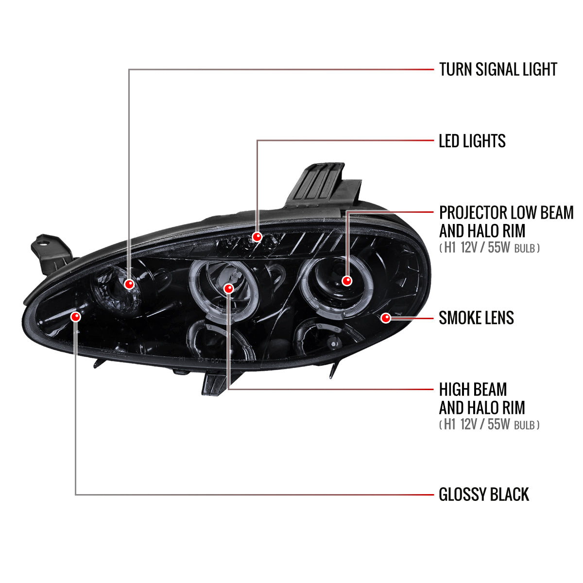 2001-2005 Mazda Miata MX-5 Dual Halo Projector Headlights (Glossy Black Housing/Smoked Lens)