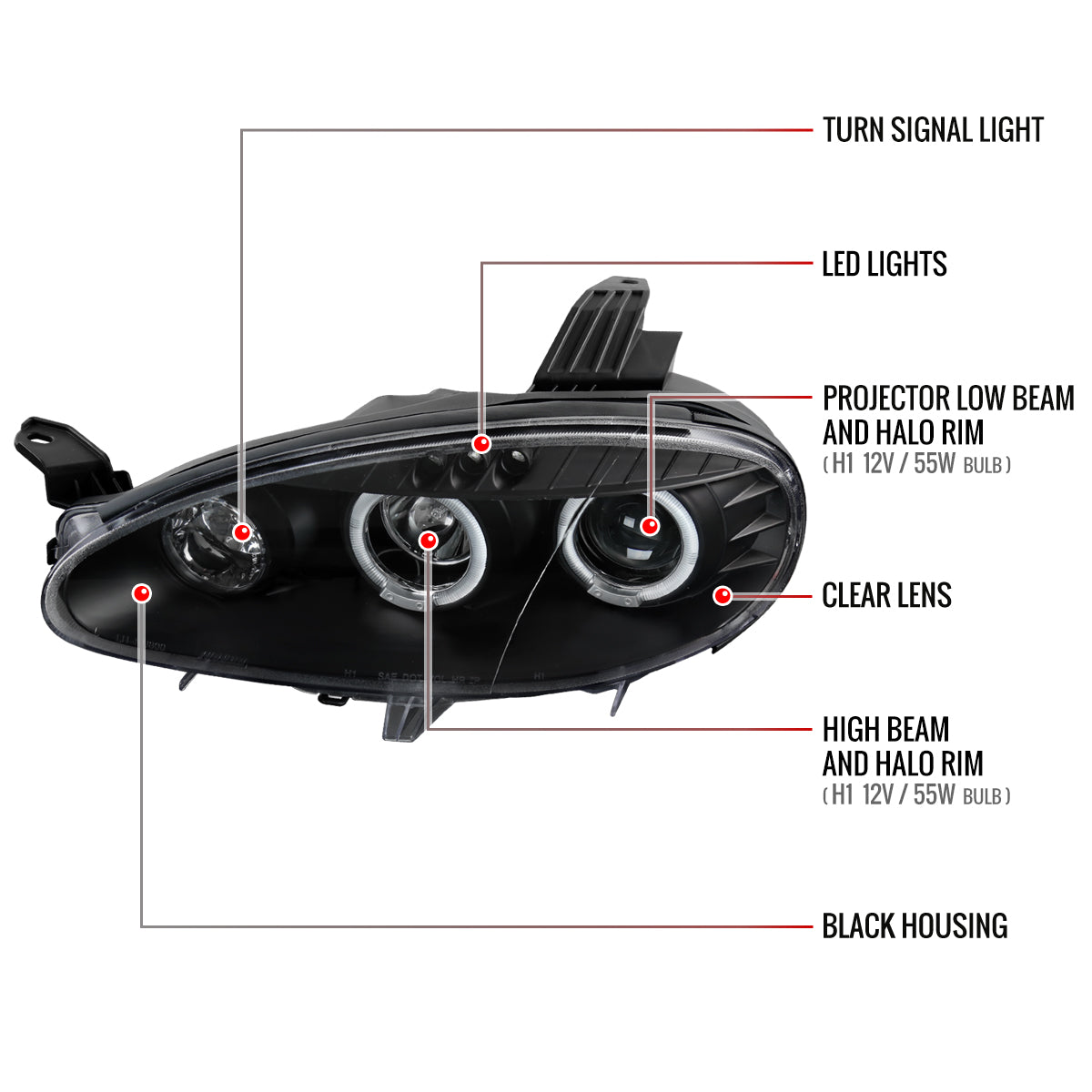 2001-2005 Mazda Miata MX-5 Dual Halo Projector Headlights (Matte Black Housing/Clear Lens)