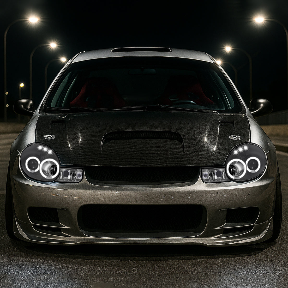 2000-2002 Dodge Plymouth Neon Dual Halo Projector Headlights (Matte Black Housing/Clear Lens)
