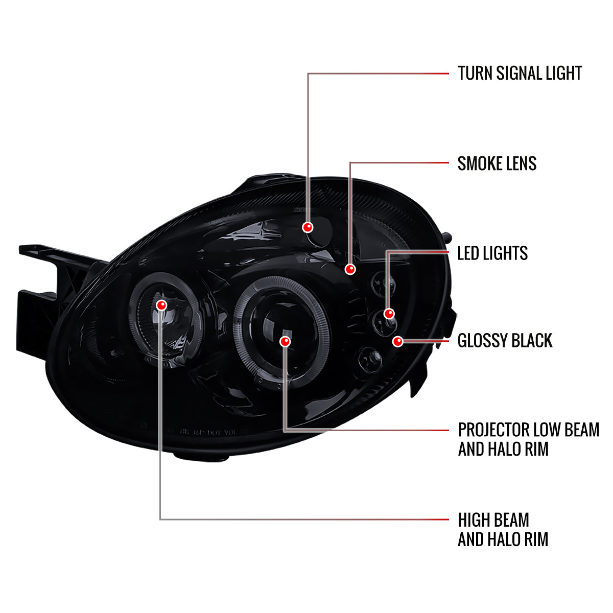 2003-2005 Dodge Neon Dual Halo Projector Headlights (Glossy Black Housing/Smoked Lens)
