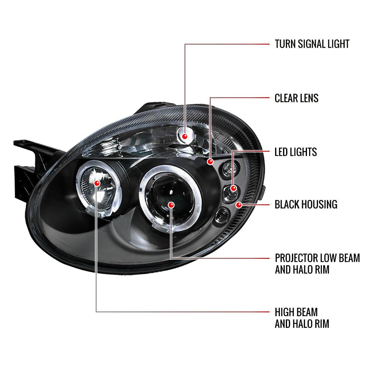 2003-2005 Dodge Neon Dual Halo Projector Headlights (Matte Black Housing/Clear Lens)