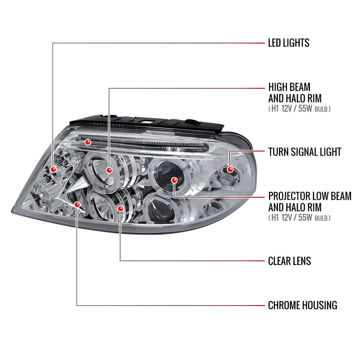 2001-2005 Volkswagen Passat Dual Halo Projector Headlights (Chrome Housing/Clear Lens)