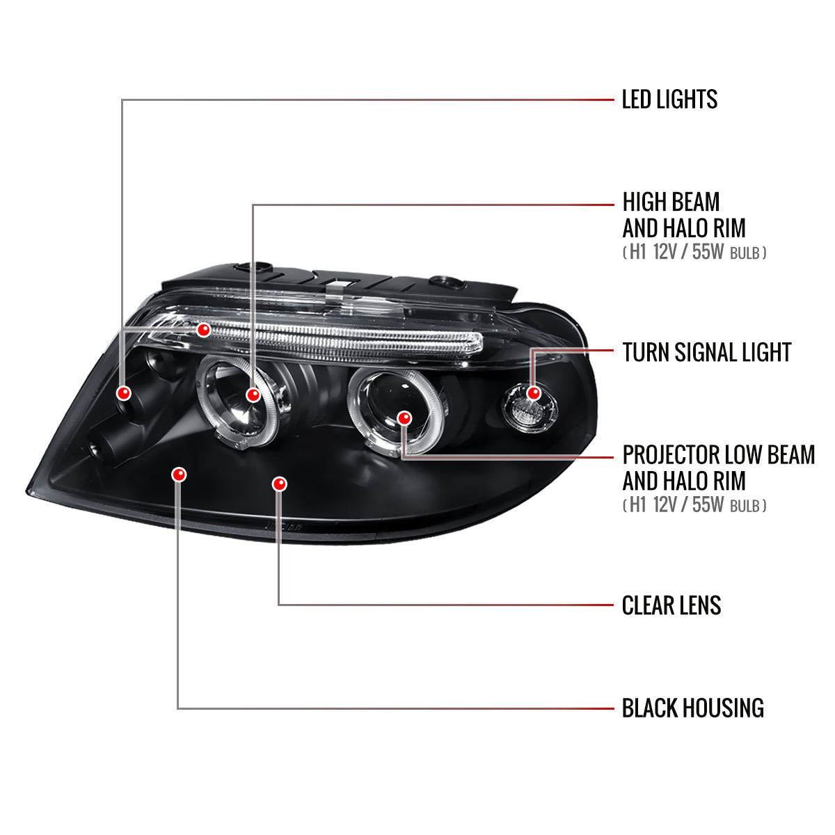 2001-2005 Volkswagen Passat Dual Halo Projector Headlights (Matte Black Housing/Clear Lens)