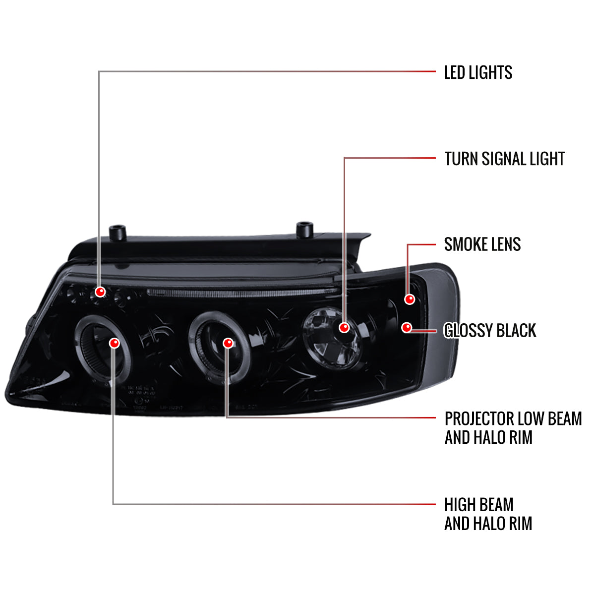 1997-2000 Volkswagen Passat Dual Halo Projector Headlights (Glossy Black Housing/Smoked Lens)