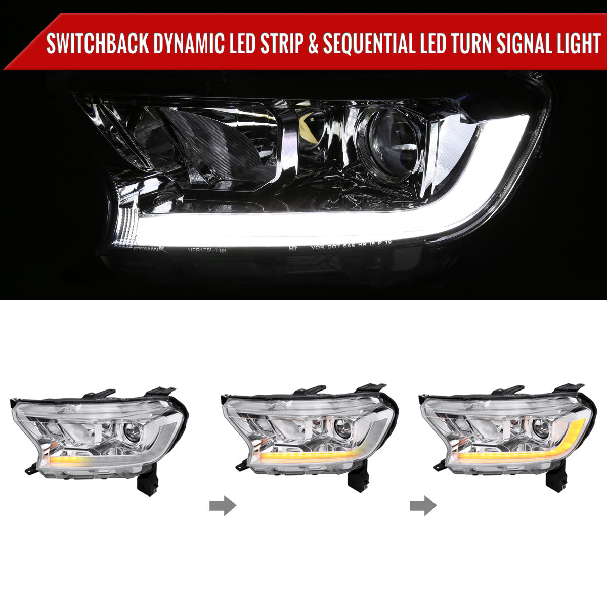 2019-2022 Ford Ranger Switchback Sequential LED Bar Projector Headlights (Chrome Housing/Clear Lens)