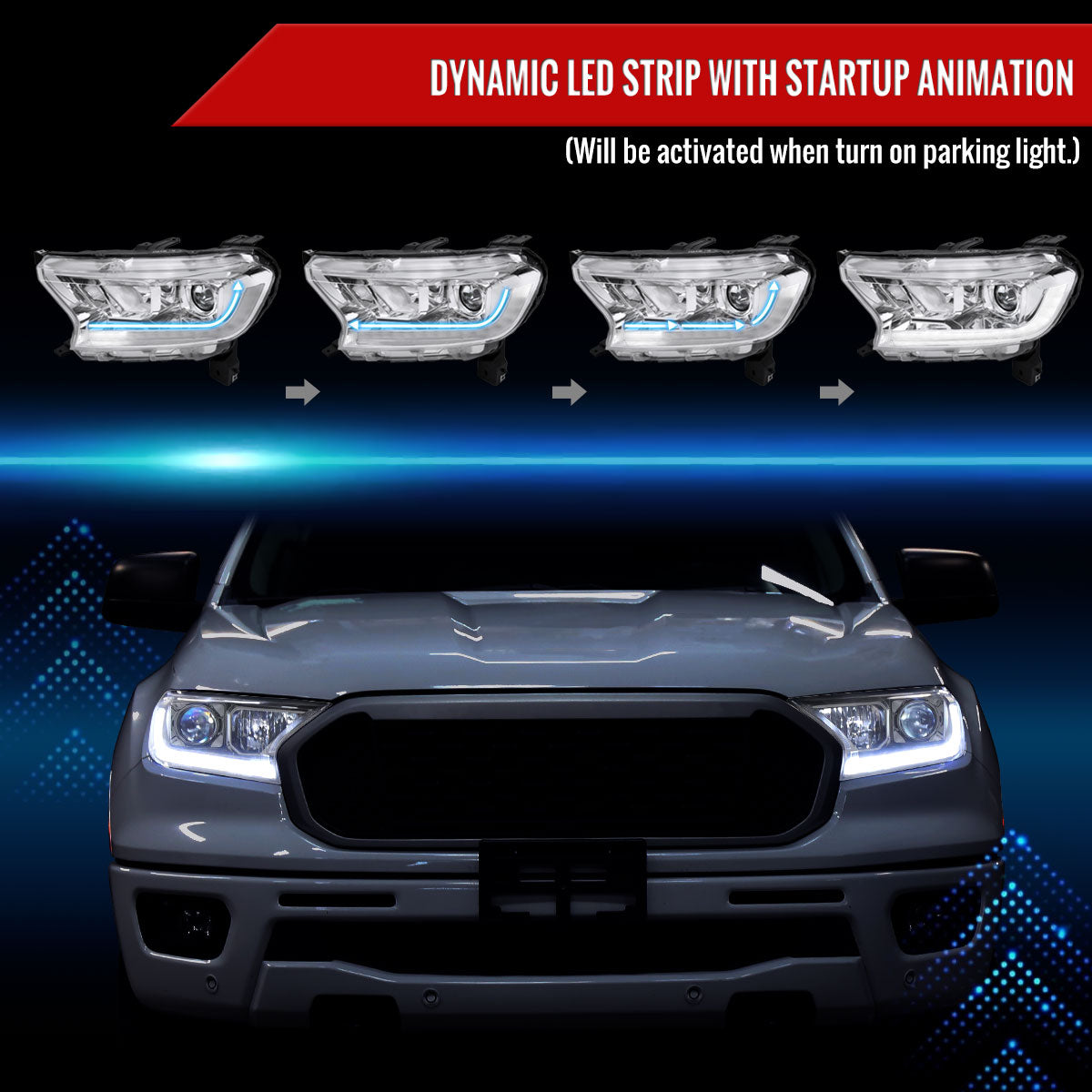2019-2022 Ford Ranger Switchback Sequential LED Bar Projector Headlights (Chrome Housing/Clear Lens)