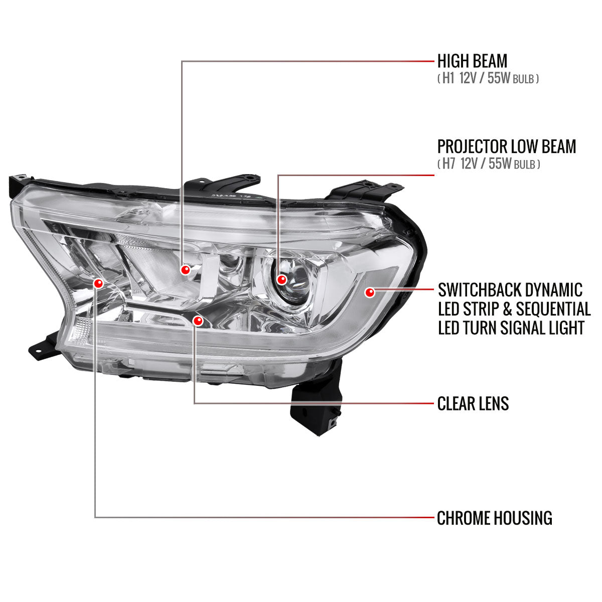 2019-2022 Ford Ranger Switchback Sequential LED Bar Projector Headlights (Chrome Housing/Clear Lens)