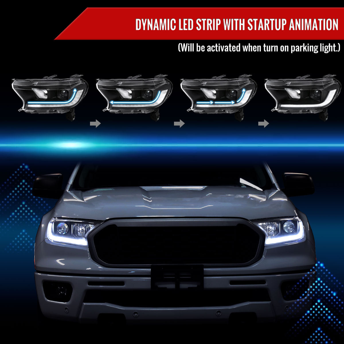 2019-2022 Ford Ranger Switchback Sequential LED Bar Projector Headlights (Matte Black Housing/Clear Lens)