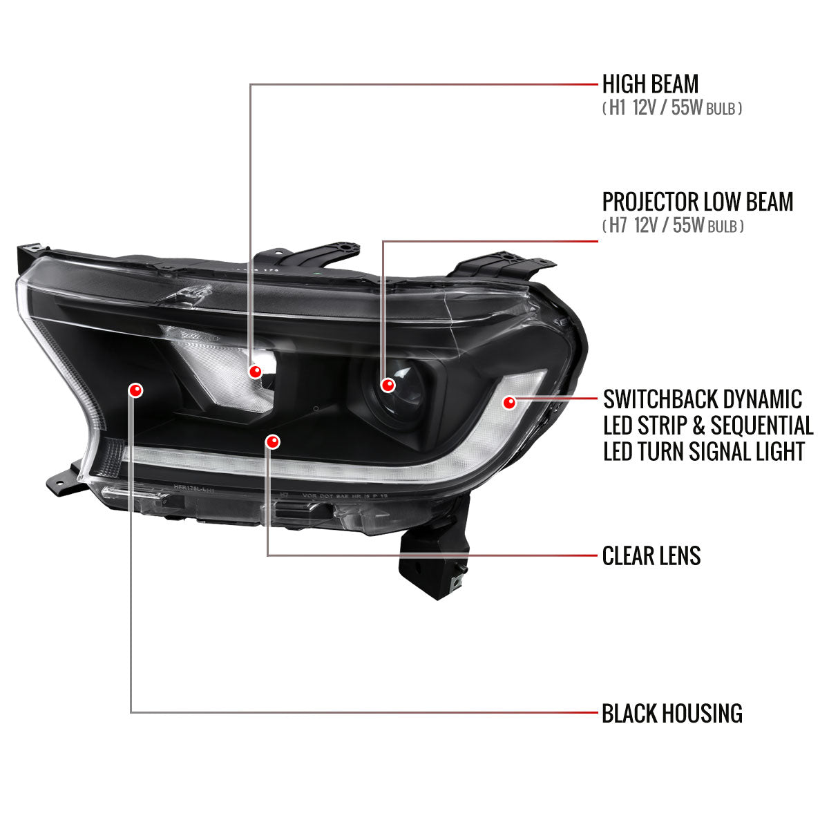2019-2022 Ford Ranger Switchback Sequential LED Bar Projector Headlights (Matte Black Housing/Clear Lens)