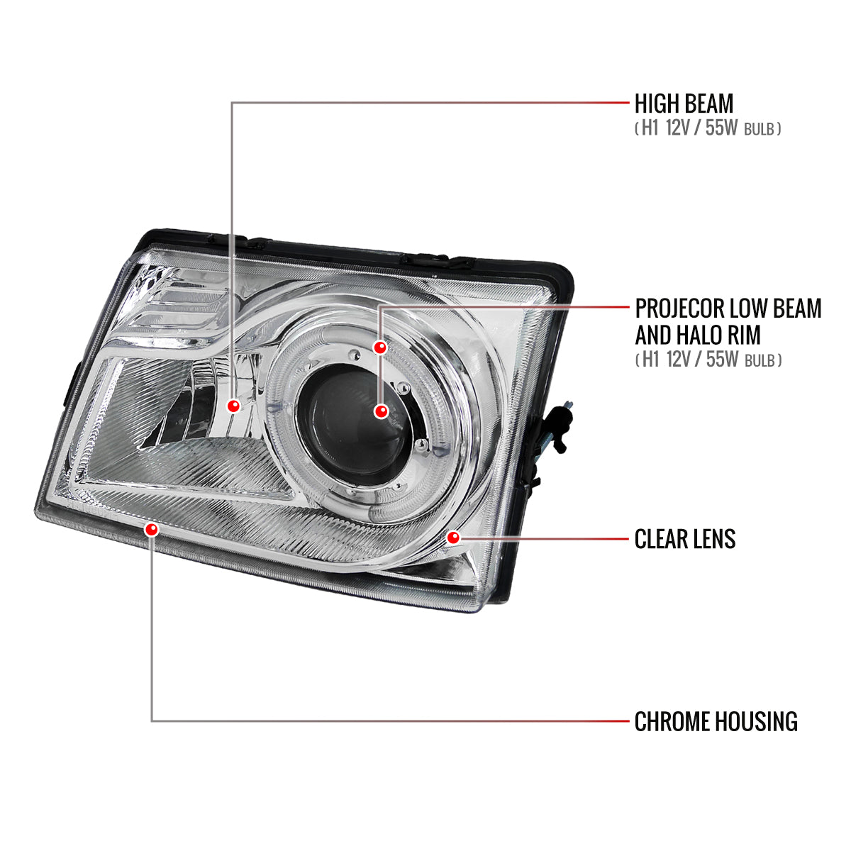 1998-2000 Ford Ranger Halo Projector Headlights (Chrome Housing/Clear Lens)