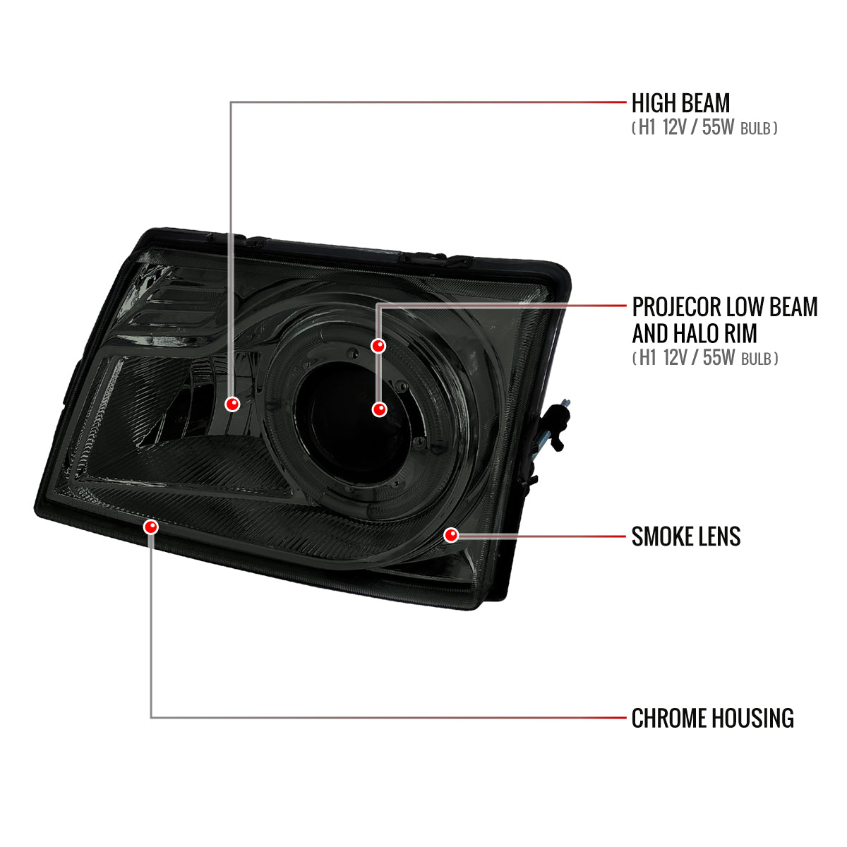1998-2000 Ford Ranger Halo Projector Headlights (Chrome Housing/Smoked Lens)
