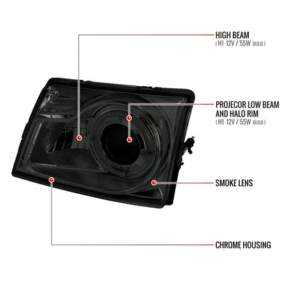 1998-2000 Ford Ranger Halo Projector Headlights (Chrome Housing/Smoked Lens)