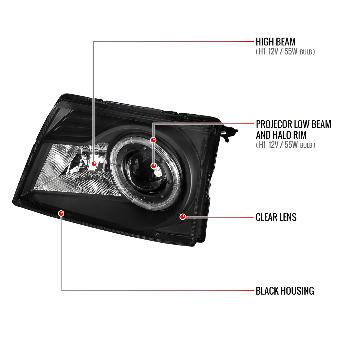 1998-2000 Ford Ranger Halo Projector Headlights (Matte Black Housing/Clear Lens)