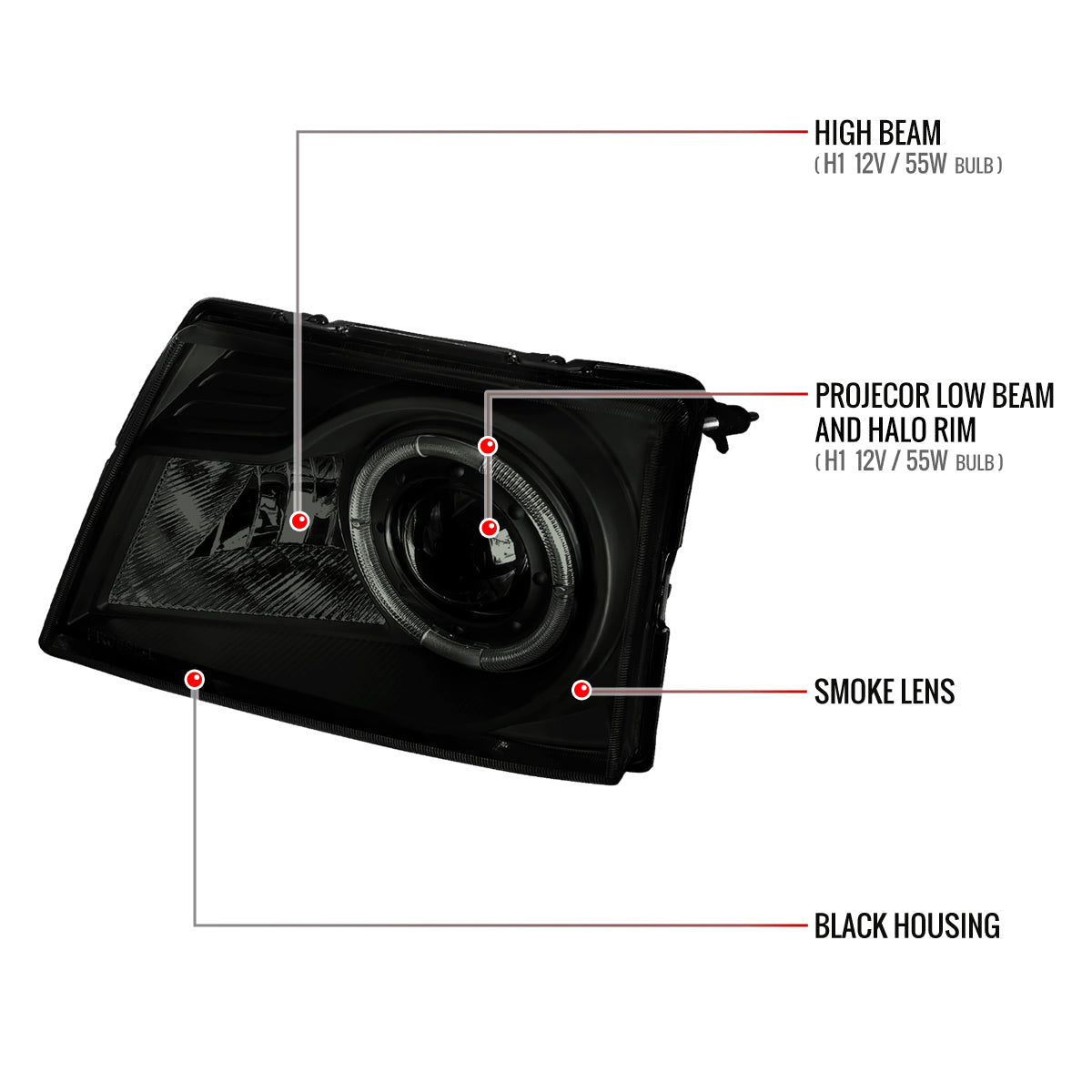1998-2000 Ford Ranger Halo Projector Headlights (Black Housing/Smoked Lens)