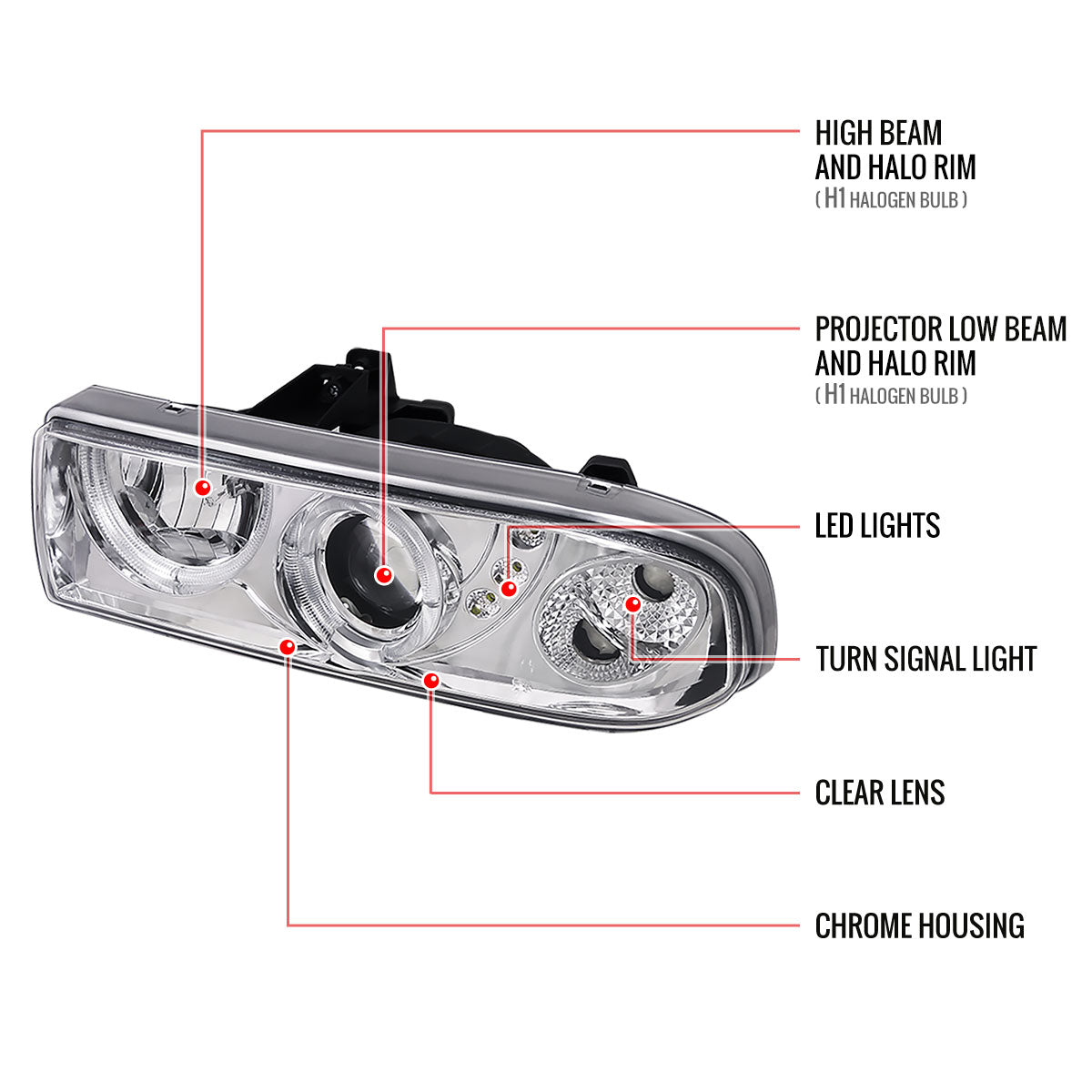 1998-2004 Chevrolet S10 Dual Halo Projector Headlights (Chrome Housing/Clear Lens)