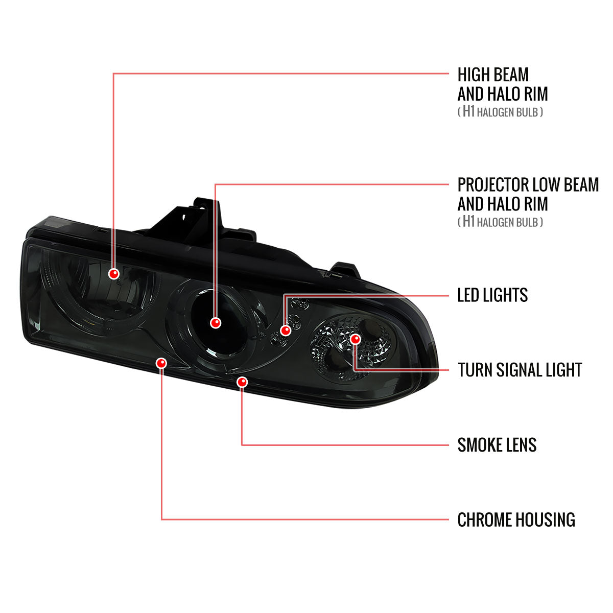 1998-2004 Chevrolet S10 Dual Halo Projector Headlights (Chrome Housing/Smoked Lens)