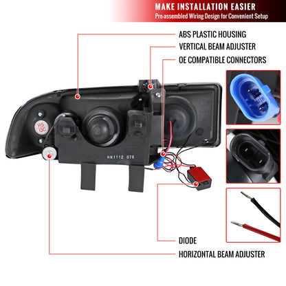 1998-2004 Chevrolet S10 Dual Halo Projector Headlights (Matte Black Housing/Clear Lens)