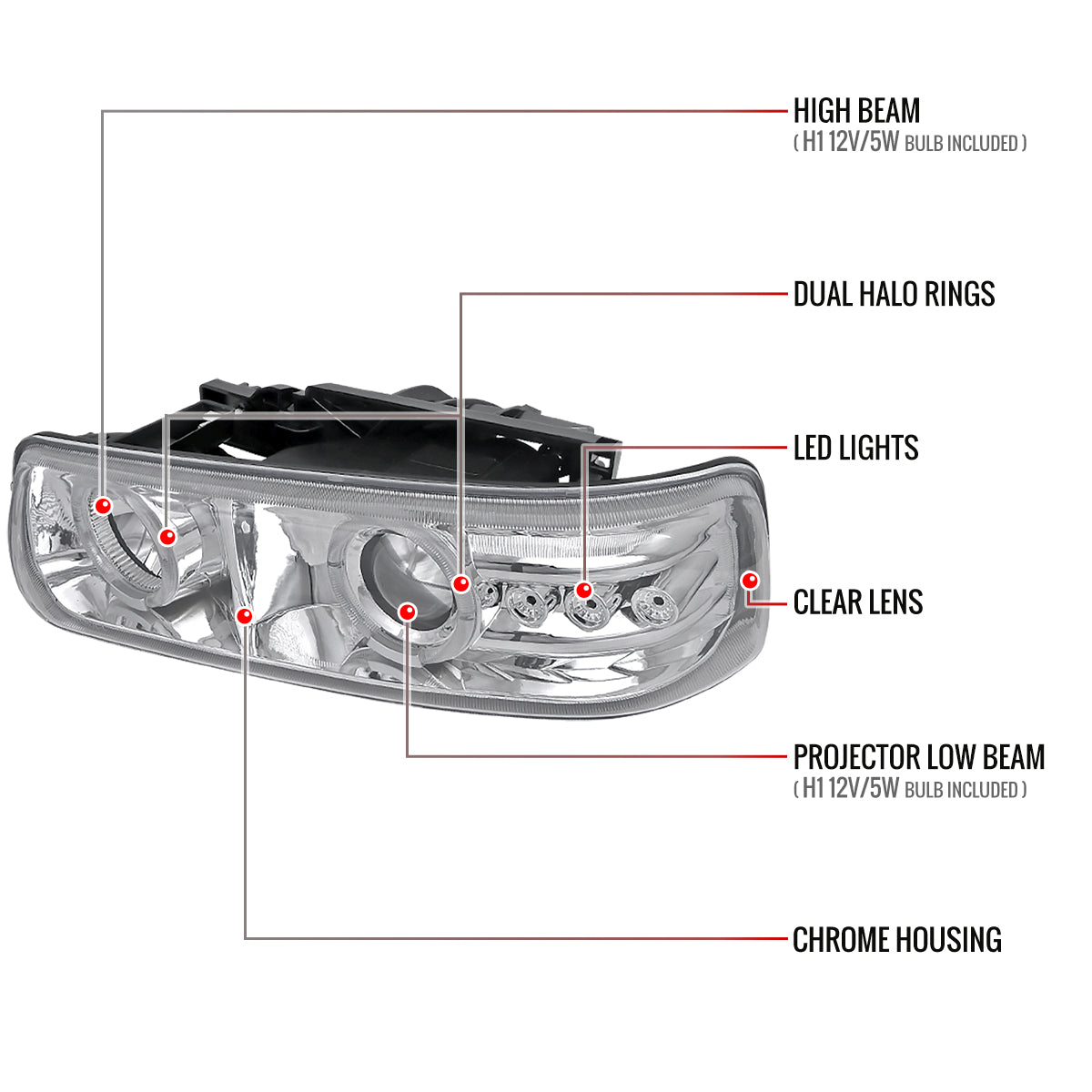 1999-2002 Chevrolet Silverado/ 2000-2006 Tahoe Suburban Dual Halo Projector Headlights (Chrome Housing/Clear Lens)