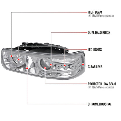 1999-2002 Chevrolet Silverado/ 2000-2006 Tahoe Suburban Dual Halo Projector Headlights (Chrome Housing/Clear Lens)