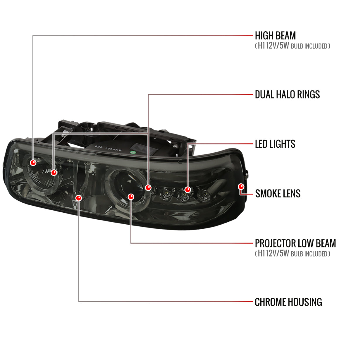 1999-2002 Chevrolet Silverado/ 2000-2006 Tahoe Suburban Dual Halo Projector Headlights (Chrome Housing/Smoked Lens)