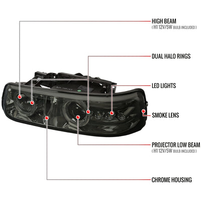 1999-2002 Chevrolet Silverado/ 2000-2006 Tahoe Suburban Dual Halo Projector Headlights (Chrome Housing/Smoked Lens)