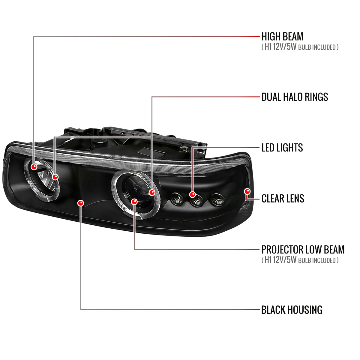 1999-2002 Chevrolet Silverado/ 2000-2006 Tahoe Suburban Dual Halo Projector Headlights (Matte Black Housing/Clear Lens)