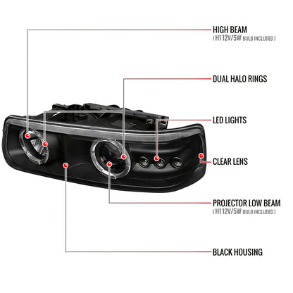 1999-2002 Chevrolet Silverado/ 2000-2006 Tahoe Suburban Dual Halo Projector Headlights (Matte Black Housing/Clear Lens)