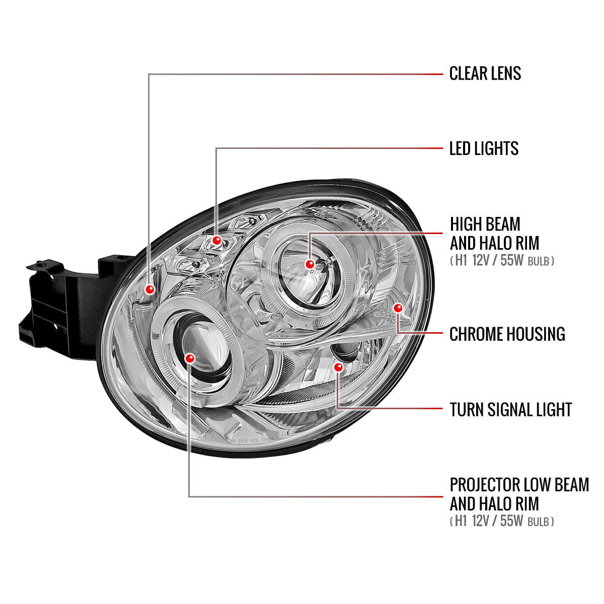 2002-2003 Subaru Impreza Dual Halo Bug Eye Projector Headlights (Chrome Housing/Clear Lens)