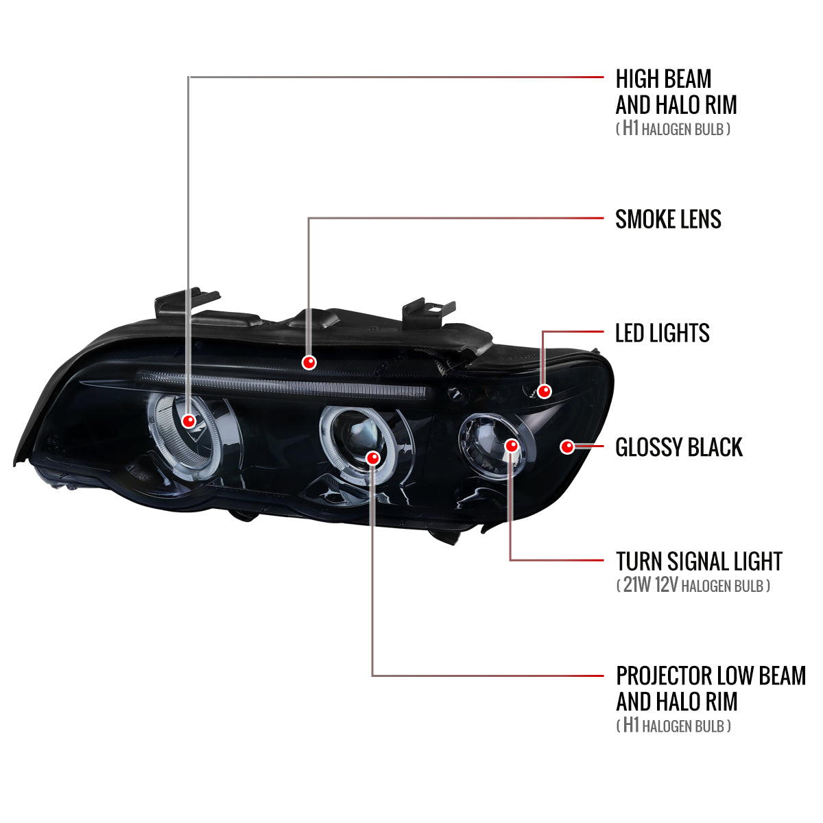 2001-2003 BMW E53 X5 Dual Halo Projector Headlights (Glossy Black Housing/Smoked Lens)