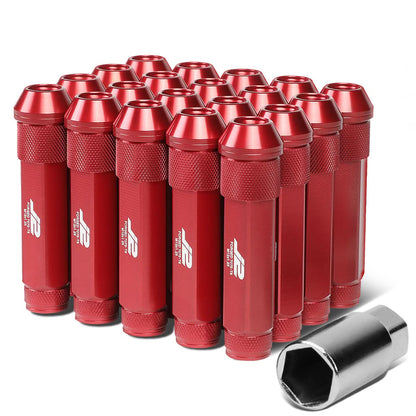 Aluminum Open-End Lug Nuts 90MM M12X1.25 Red 20PCS w/ Adapter