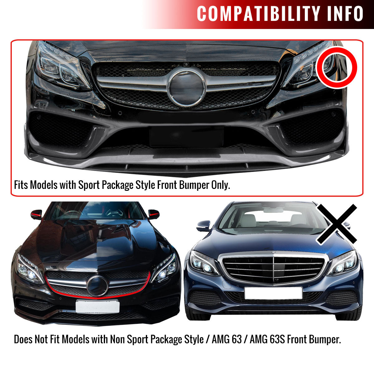 2015-2018 Mercedes Benz W205 C Class Glossy Black Polypropylene 3PC Bumper Lip