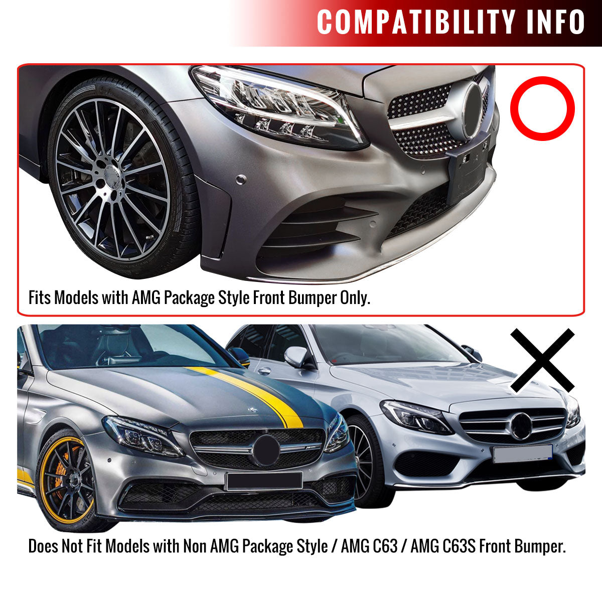 2019-2021 Mercedes Benz W205 C Class Glossy Black/Red Trim 3PC Front Bumper Lip Splitter Kit