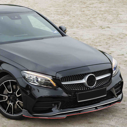 2019-2021 Mercedes Benz W205 C Class Glossy Black/Red Trim 3PC Front Bumper Lip Splitter Kit