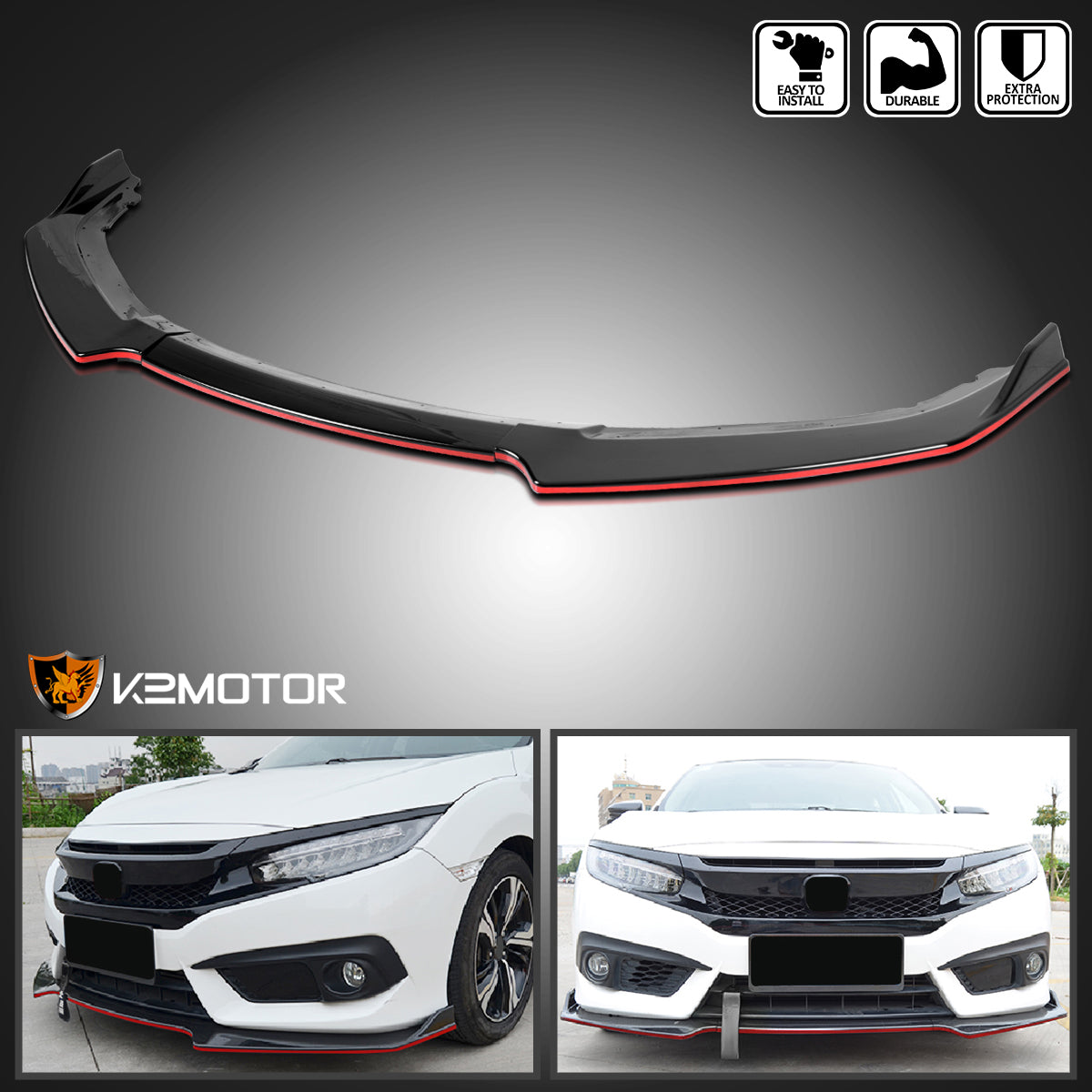 2016-2018 Honda Civic Sedan Glossy Black/Red Trim 3PC Front Bumper Lip Splitter Kit