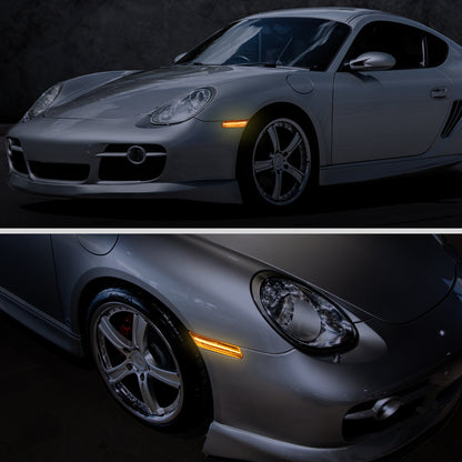 2005-2012 Porsche 911 997 Boxter 987 Sequential LED Front Bumper Side Marker Turn Signal Lights (Chrome Housing / Smoked Lens)